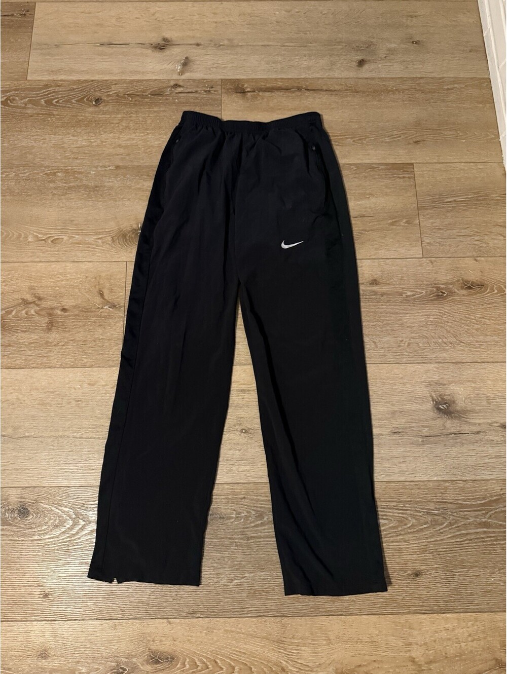 NIKE Dri Fit Black Running Track Pants Ankle Zip Straight Stretch mens M 717410
